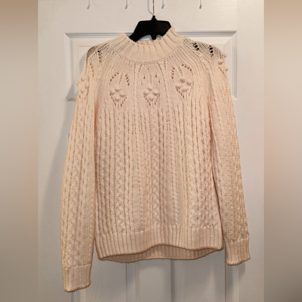 Sezanne Aubin Ecru 100% Merino Wool Cable Knit Sweater Creamy White Size Large